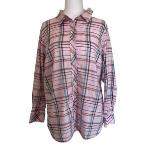 Talbots Plus Pink Plaid Button Down Long Sleeve Shirt Size 2X 100% Cotton